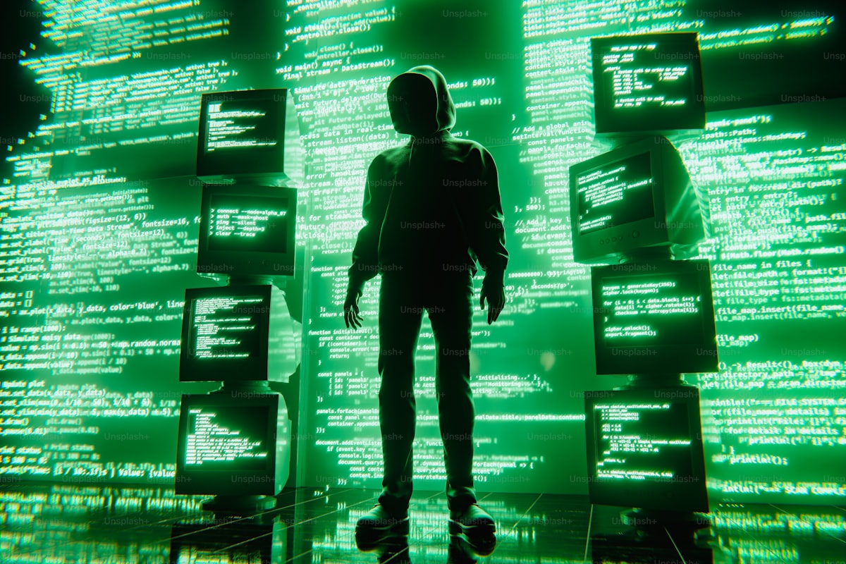 A hooded figure silhouetted against walls of green cascading code — a generic hacker stock photo, not an actual depiction of the attack's execution path