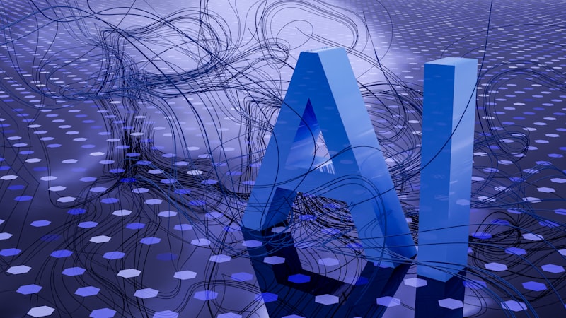 A stylized 3D rendering of the letters "AI" over an abstract data-wire background — a generic tech stock image, not an actual architecture diagram