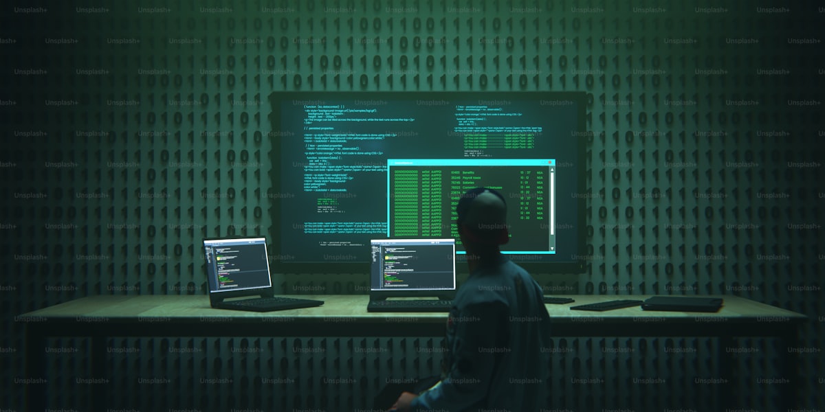 A hooded figure surrounded by cascading code displays — a generic hacker stock photo, not an actual attack-chain diagram